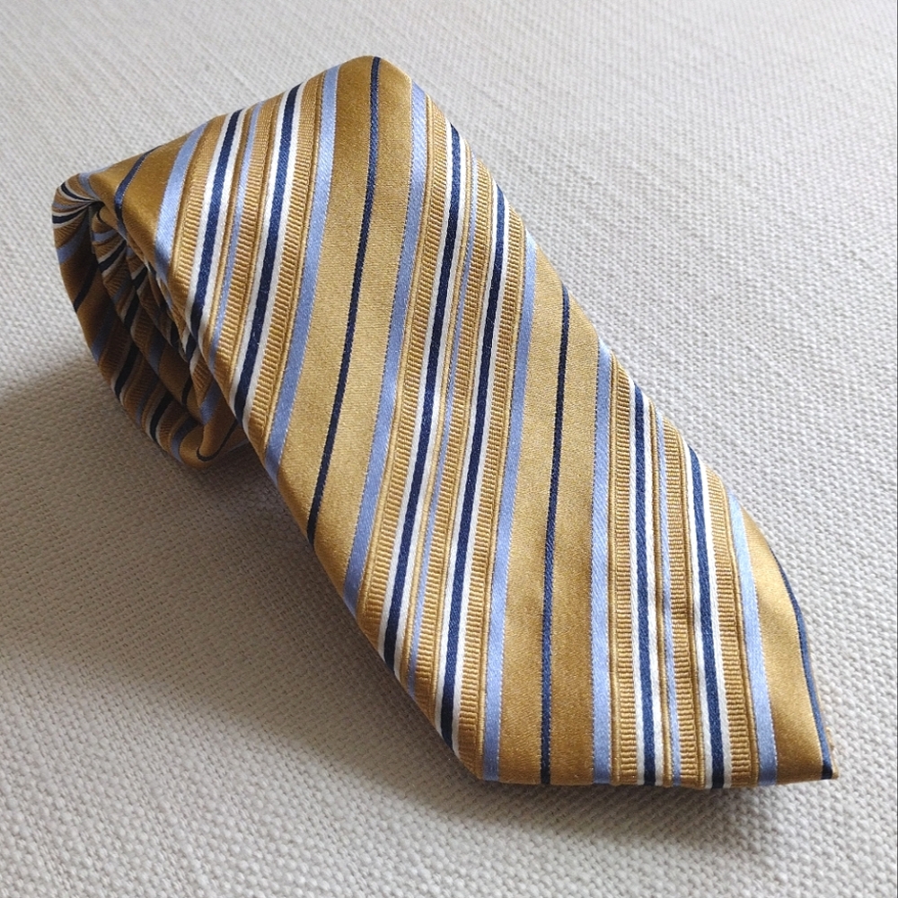 Silk Geoffrey Beene Gold, Silver, and Blue Striped Tie